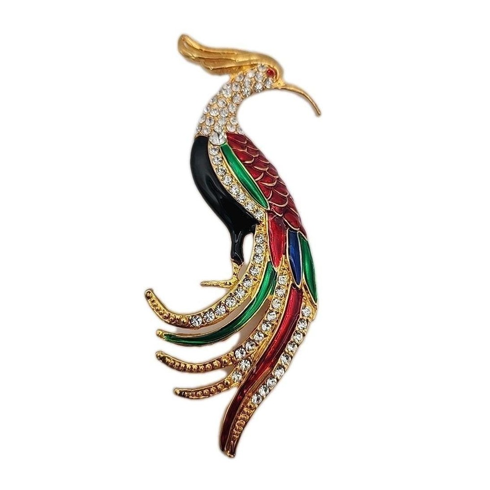 Vintage Multicolor Enamel Rhinestone Large Bird Of Paradise Gold Tone Figural...